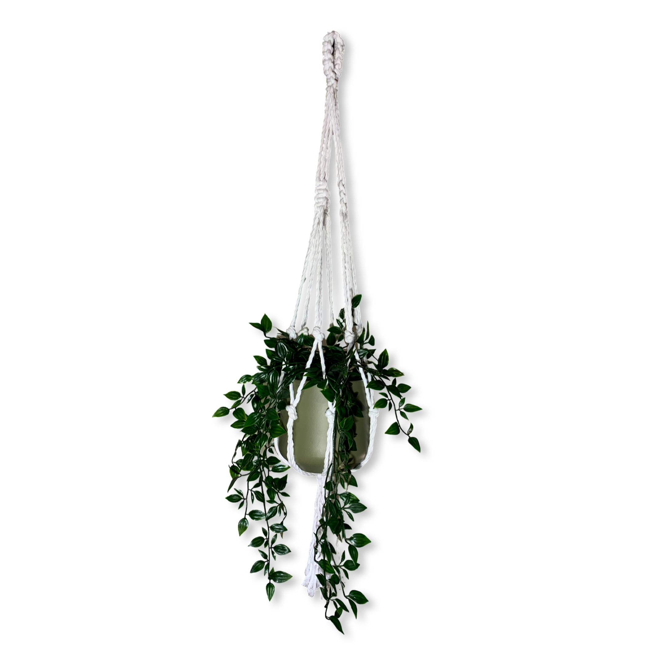 Witte Macramé plantenhanger 'Boho' van 100 cm lang, geschikt voor potten met een diameter van 10cm t/m 25cm.